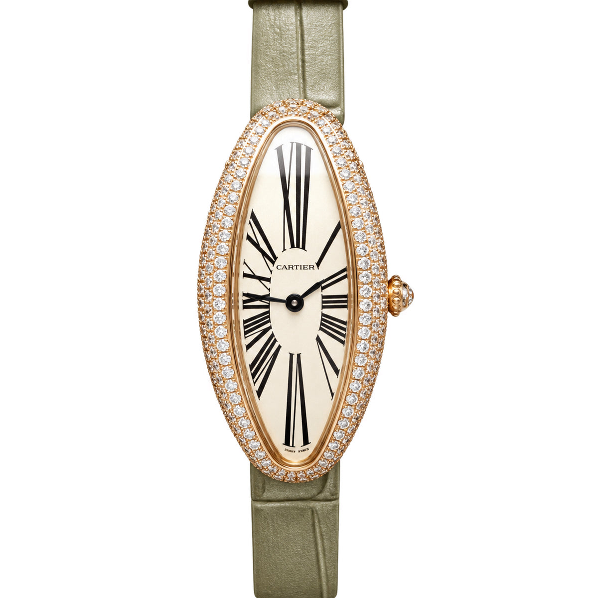 Cartier Baignoire Allongée — 18K Rose Gold, Double Diamond Bezel & Khaki Alligator Strap