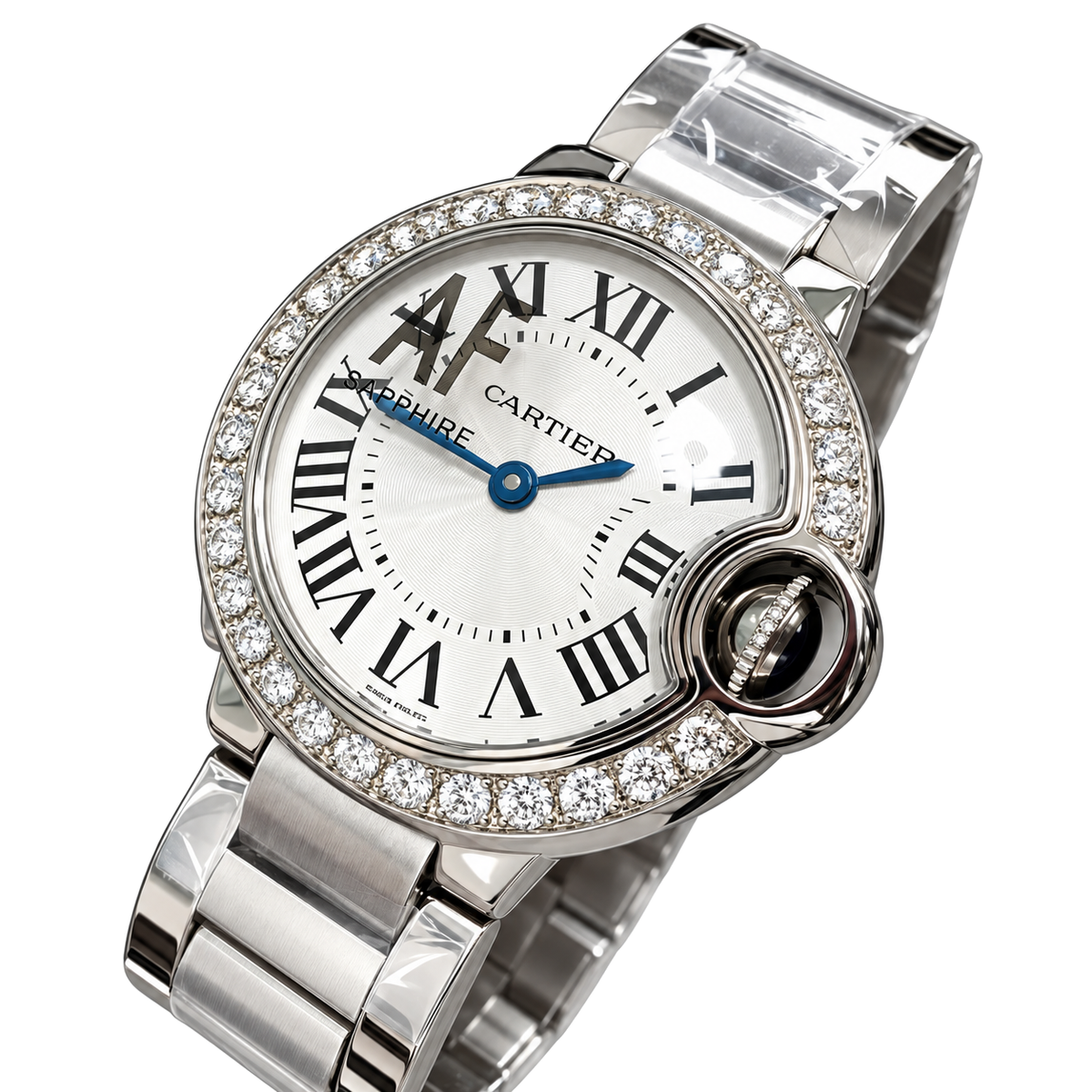 Cartier Ballon Bleu 28mm — Steel, Diamond Bezel, Silver Dial, Roman Numerals & Steel Bracelet, Women