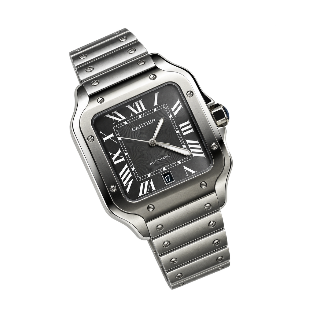 Cartier Santos Large — Steel, Black Dial, Roman Numerals, Date & Steel Bracelet, Automatic