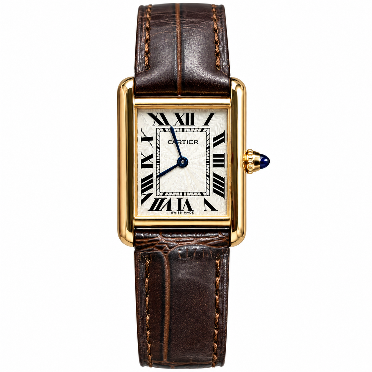 Cartier Tank Louis Cartier Large — 18K Yellow Gold, Silver Dial, Roman Numerals & Dark Brown Alligator Strap, Women