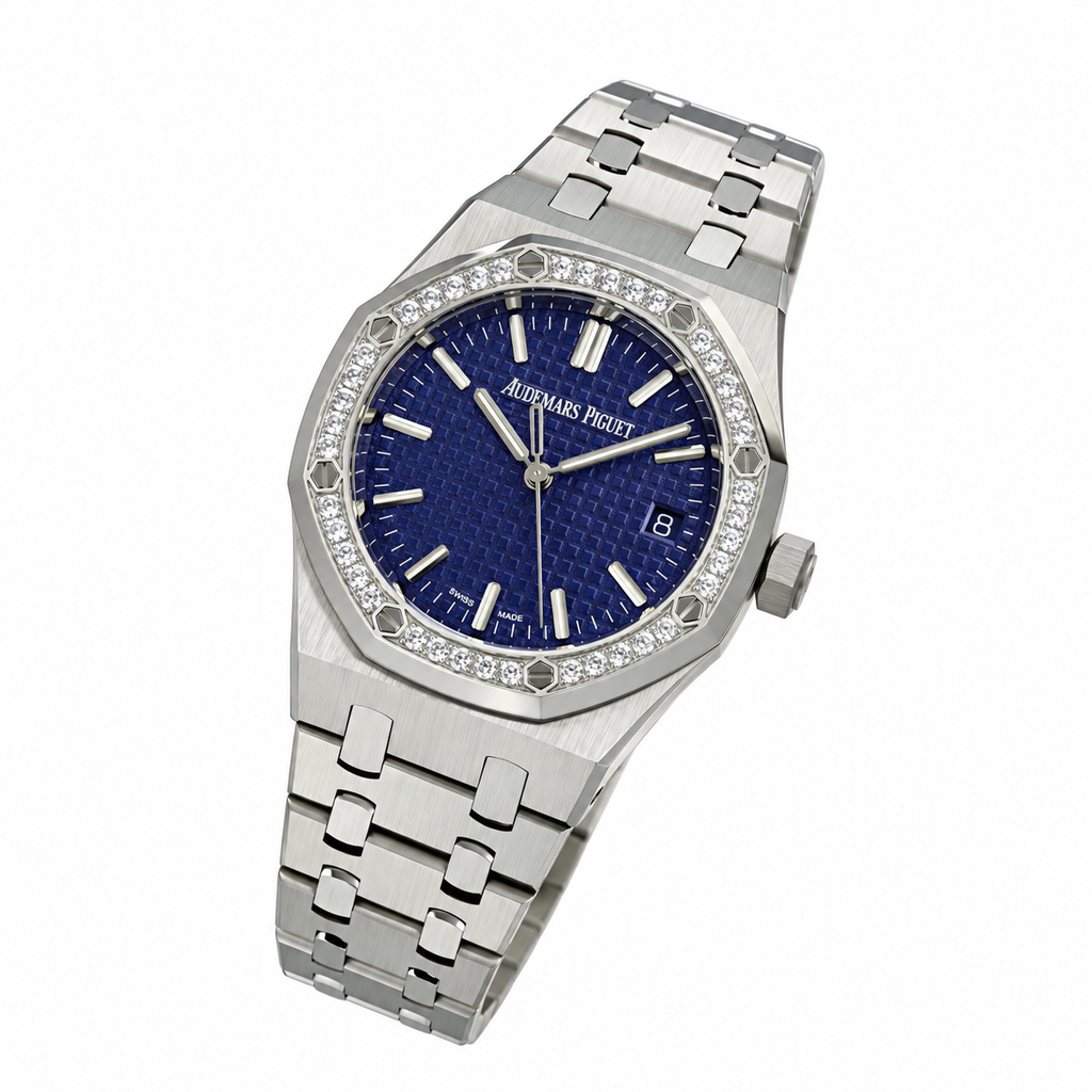 Audemars Piguet Royal Oak Steel Diamond Bezel Blue Tapisserie Date Watch