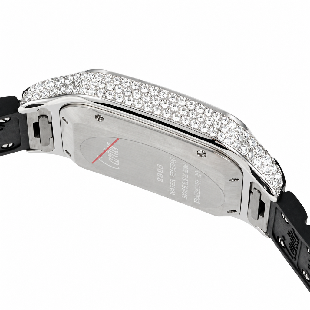 Cartier Santos de Cartier Automatic — Full Diamond Bezel, Date & Black Rubber Strap