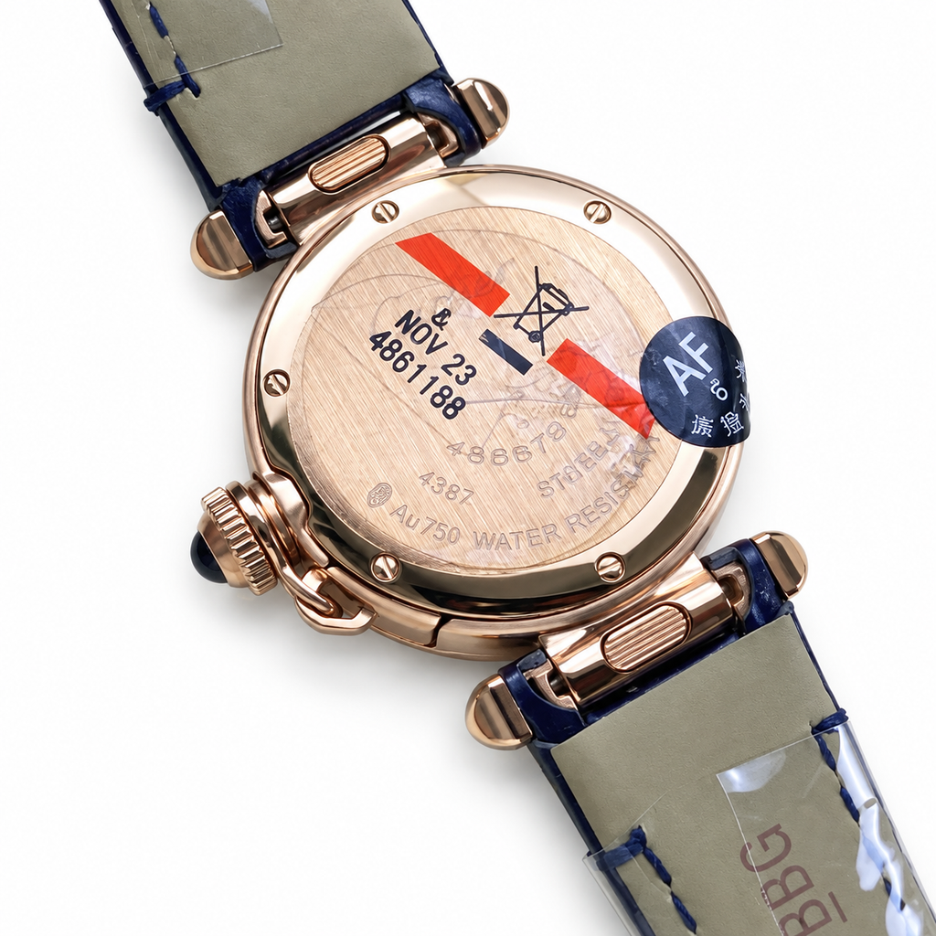 Cartier Pasha de Cartier 30mm — 18K Rose Gold, White Dial, Arabic Numerals, Date & Blue Alligator Strap, Women