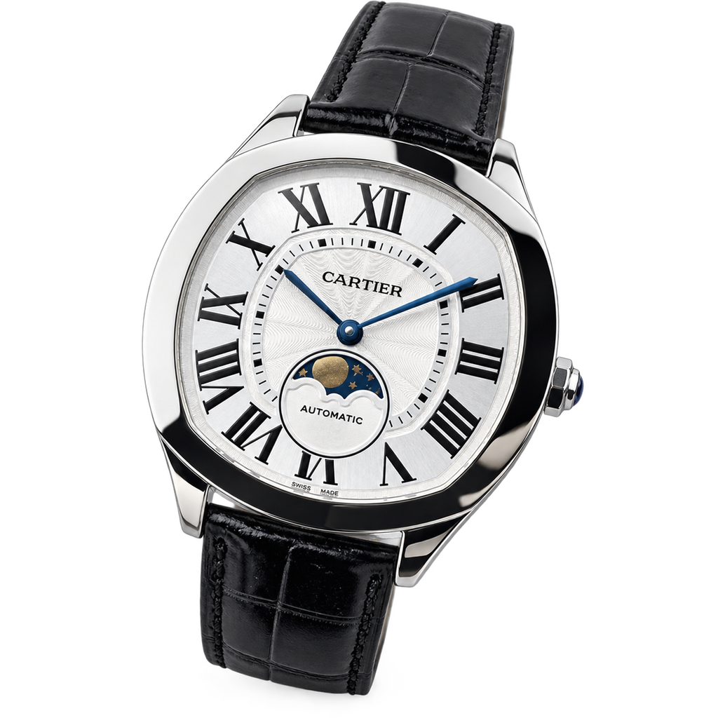 Cartier Drive de Cartier — Steel, White Dial, Moon Phase & Black Alligator Strap, Automatic