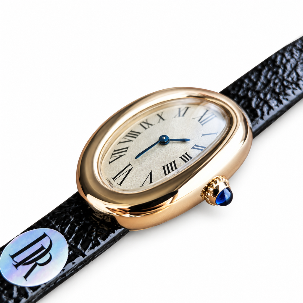 Cartier Baignoire — 18K Yellow Gold, Ivory Dial & Black Leather Strap