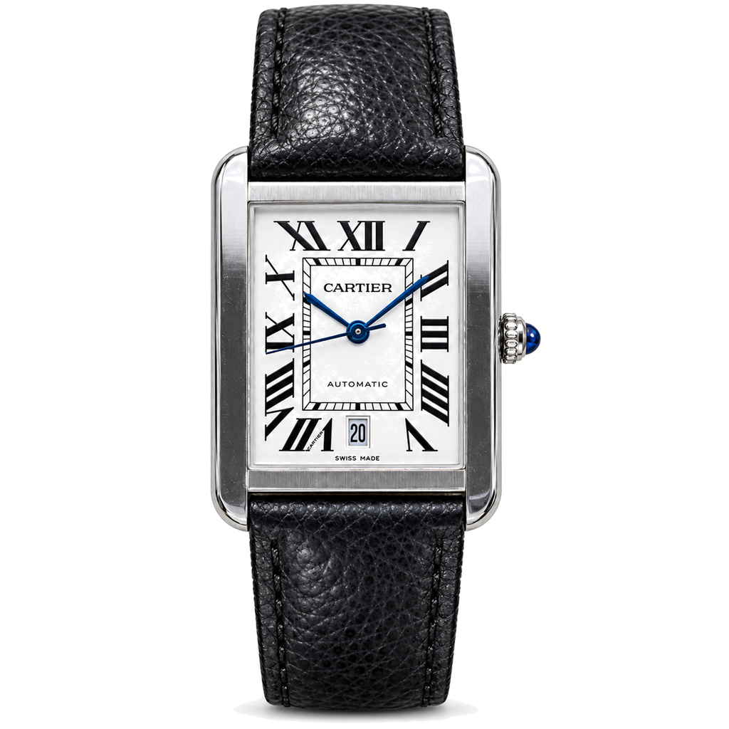 Cartier Tank Solo XL — Steel, White Dial, Roman Numerals, Date & Black Leather Strap, Automatic