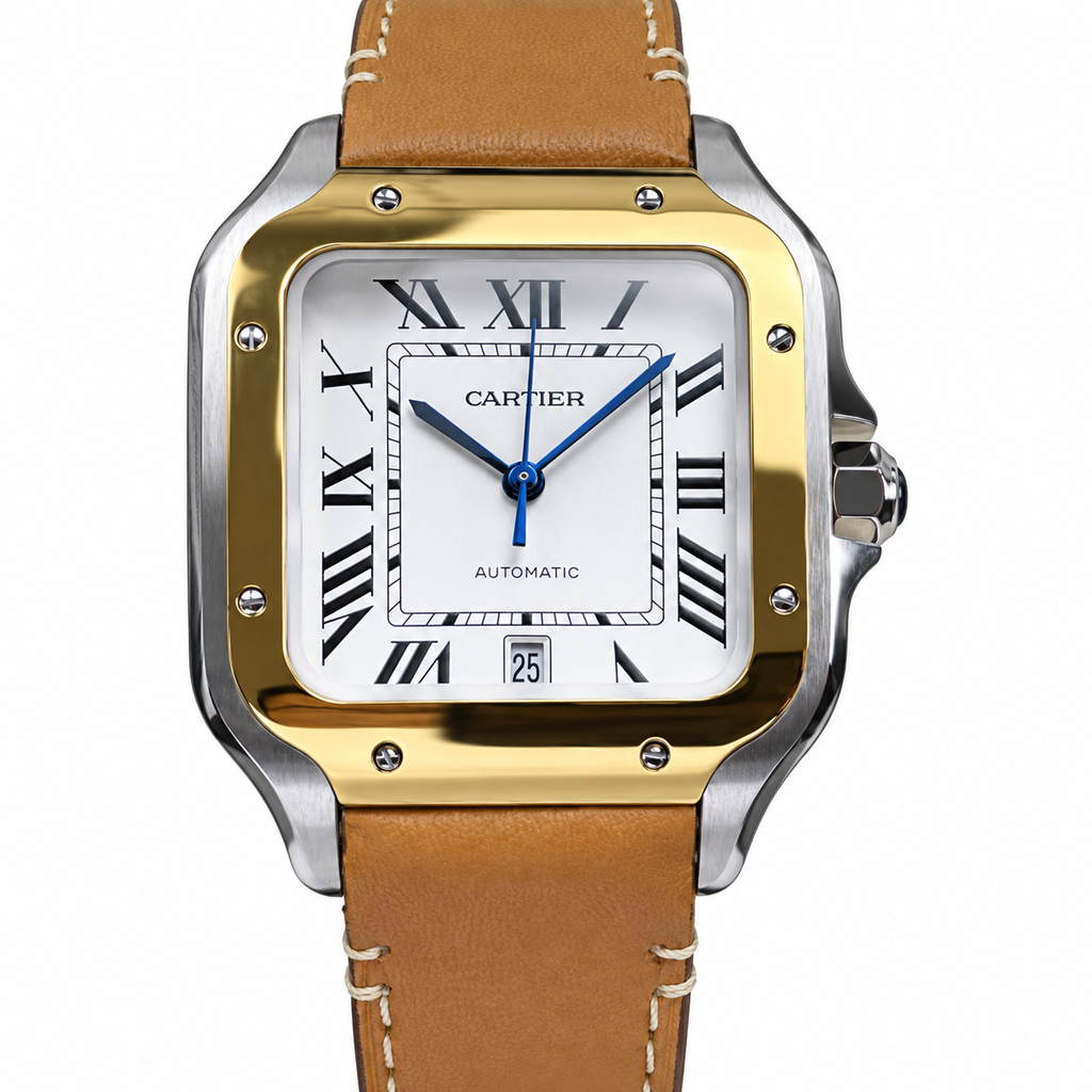 Cartier Santos de Cartier Medium — Steel & Yellow Gold, White Dial, Roman Numerals, Date & Tan Leather Strap, Automatic