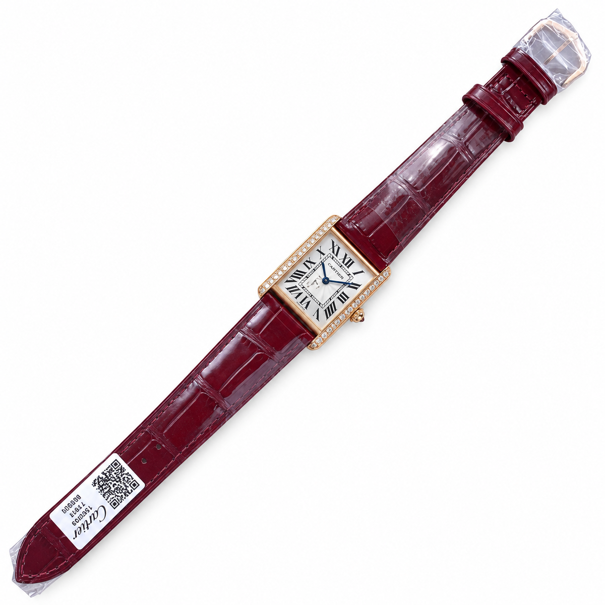 Cartier Tank Louis Small Rose Gold Diamond Lugs Silver Dial Burgundy Strap Watch – KDY