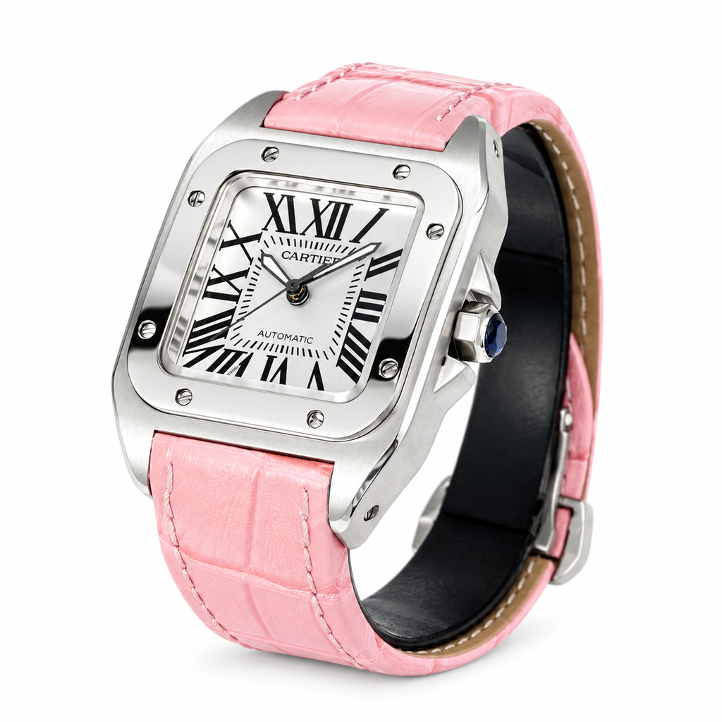 Cartier Santos de Cartier Automatic — Steel, White Dial & Pink Alligator Strap