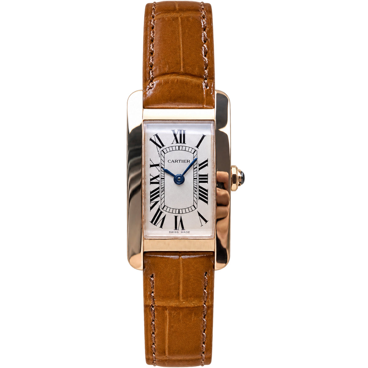 Cartier Tank Américaine Small — 18K Rose Gold, Silver Dial, Roman Numerals & Brown Alligator Strap, Women