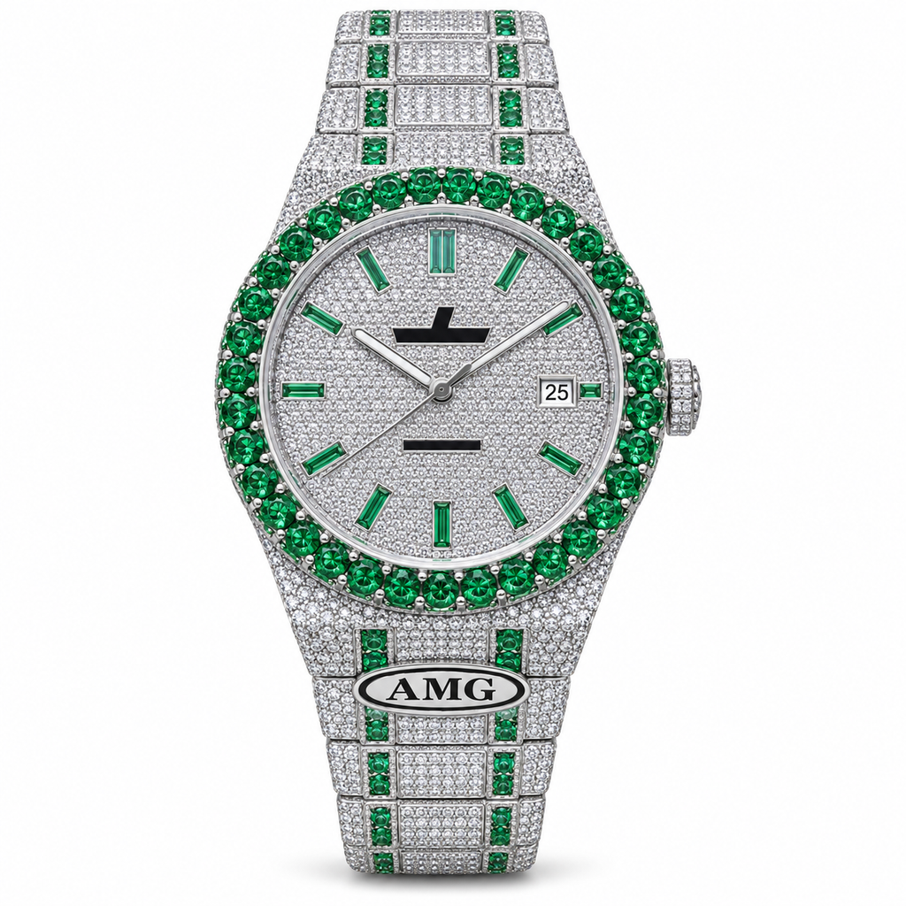 Royal Oak Iced Out – Full Diamond Pavé & Emerald Baguette AMG