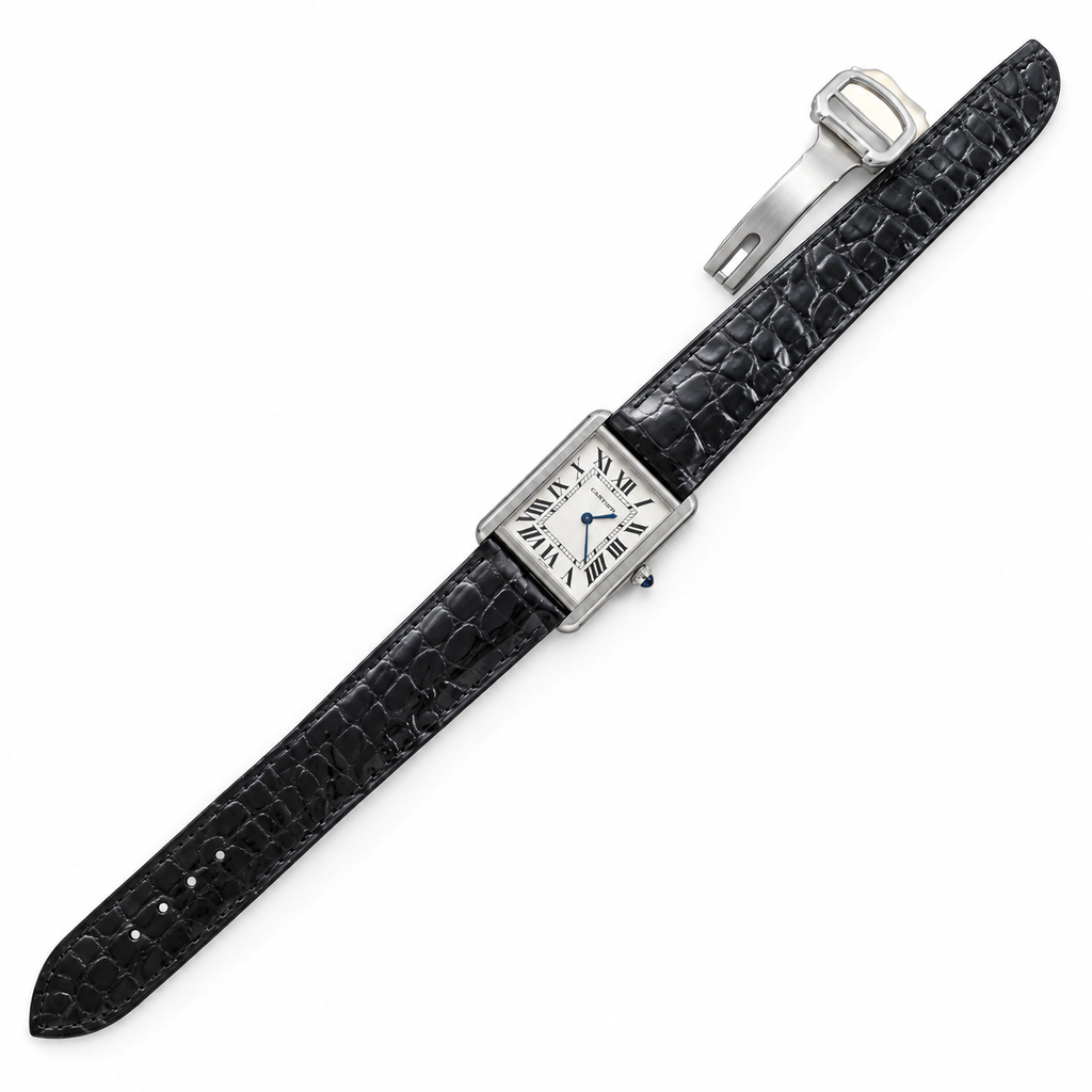 Cartier Tank Louis Large White Gold Diamond Lugs Silver Dial Black Strap Watch – KDY