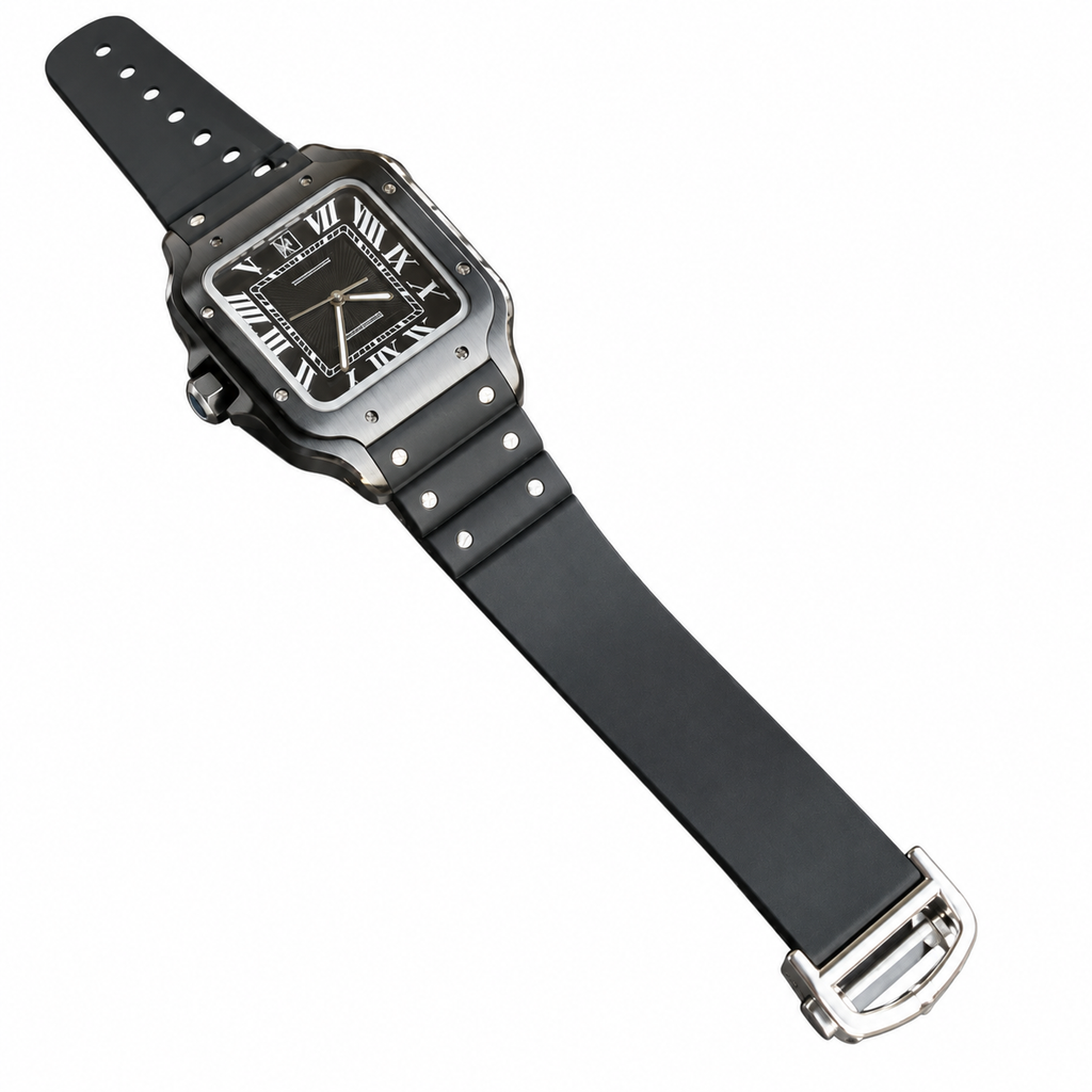 Cartier Santos de Cartier Large — Full Black ADLC, Black Dial, Roman Numerals & Black Rubber Strap, Automatic