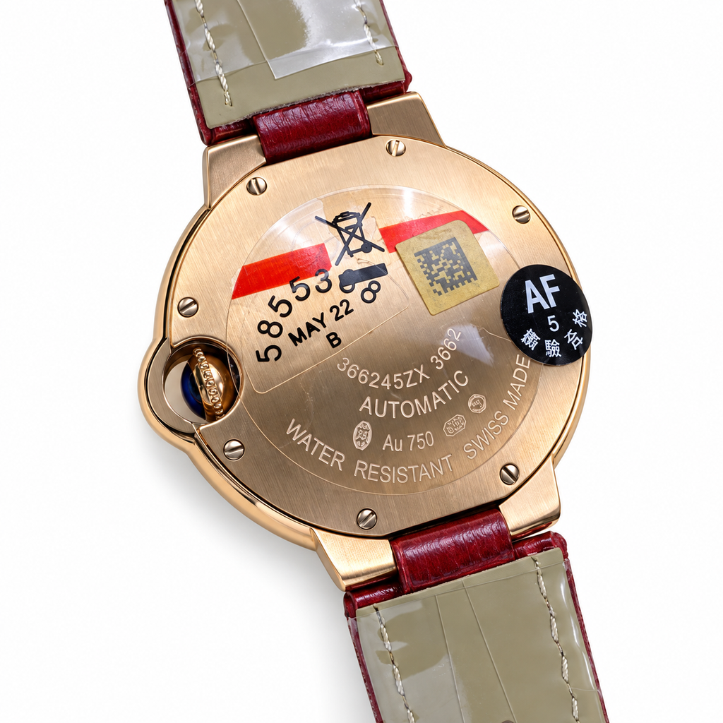Cartier Ballon Bleu Rose Gold Diamond Bezel Red Leather Watch