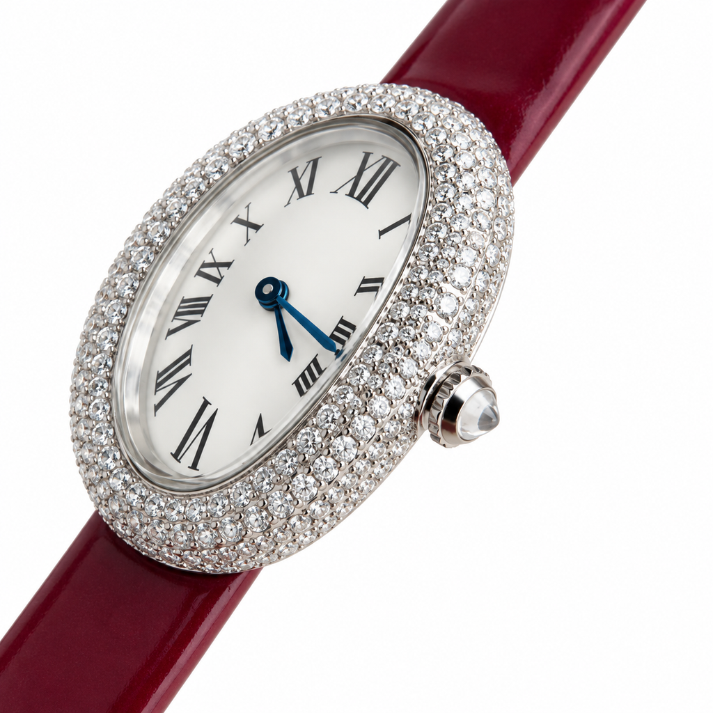 Cartier Baignoire Vintage Small — 18K Yellow Gold, Double Diamond Bezel, Cream Dial & Black Leather Strap, Women