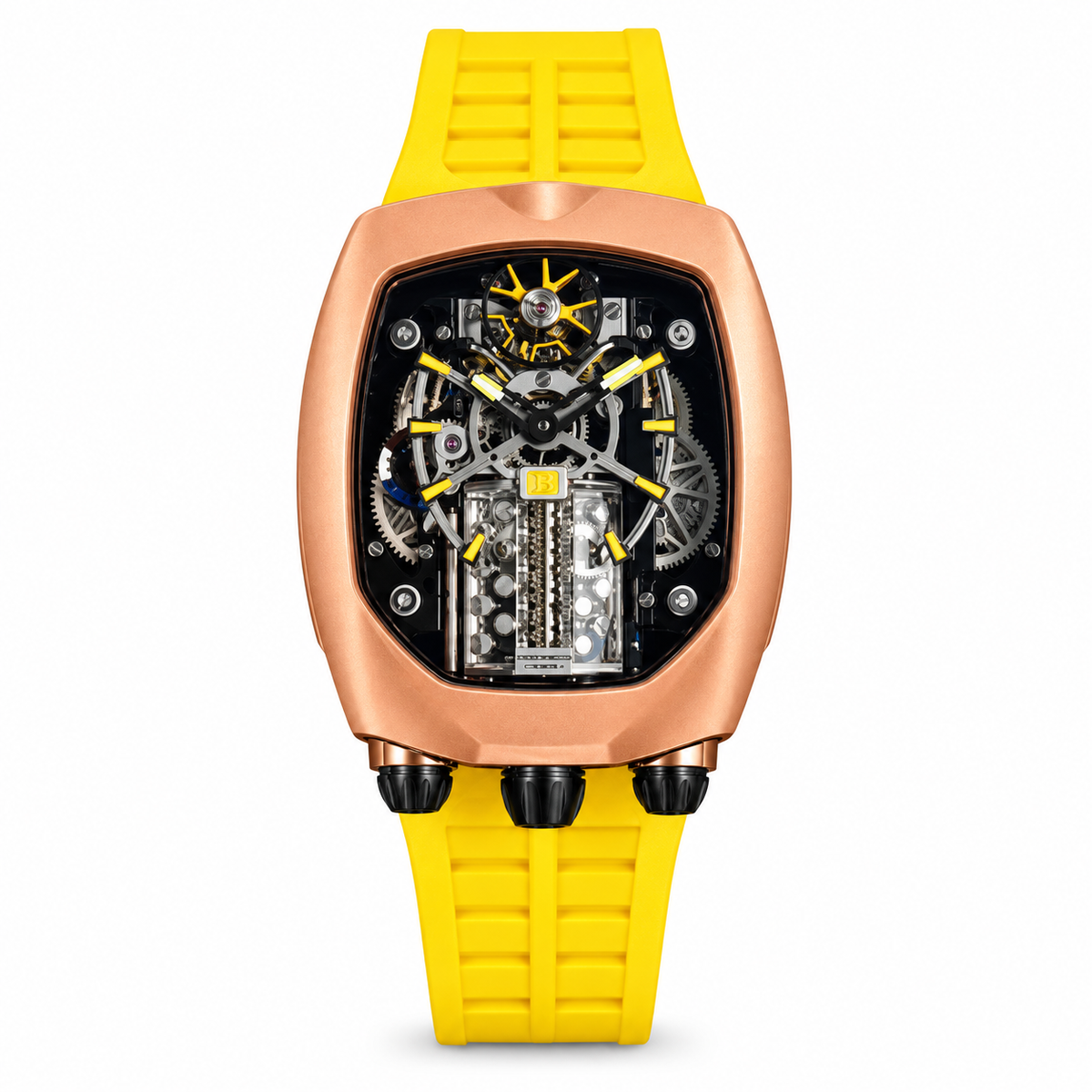 Jacob & Co. x Bugatti Chiron 18K Rose Gold Black Skeleton 16-Cylinder Engine Flying Tourbillon Yellow Rubber Watch