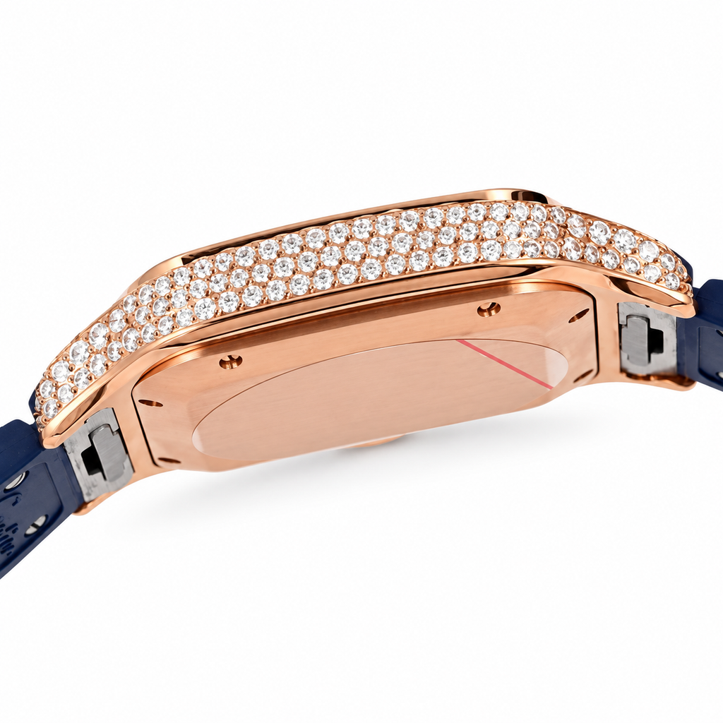 Cartier Santos de Cartier Automatic — 18K Rose Gold, Full Diamond Bezel, Grey Arabic Dial & Navy Rubber Strap, Large