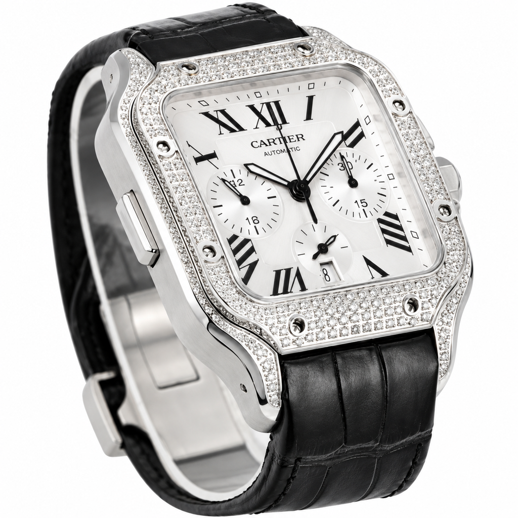 Cartier Santos de Cartier Chronograph — Steel, Full Diamond Bezel & Black Alligator Strap