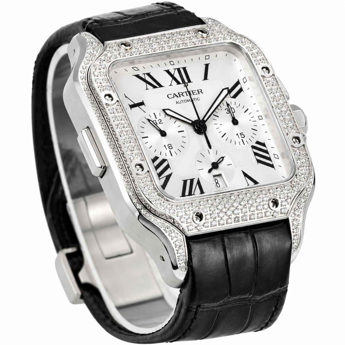 Cartier Santos de Cartier Chronograph — Steel, Full Diamond Bezel & Black Alligator Strap