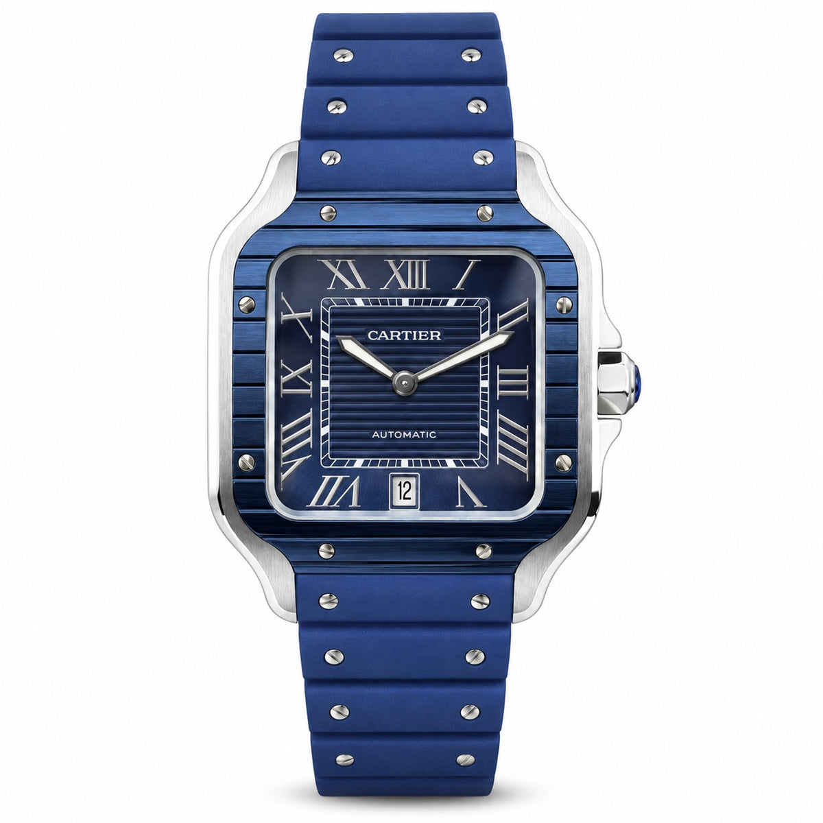 Cartier Santos Large — Steel & Blue ADLC, Blue Dial, Roman Numerals, Date & Blue Rubber Strap, Automatic
