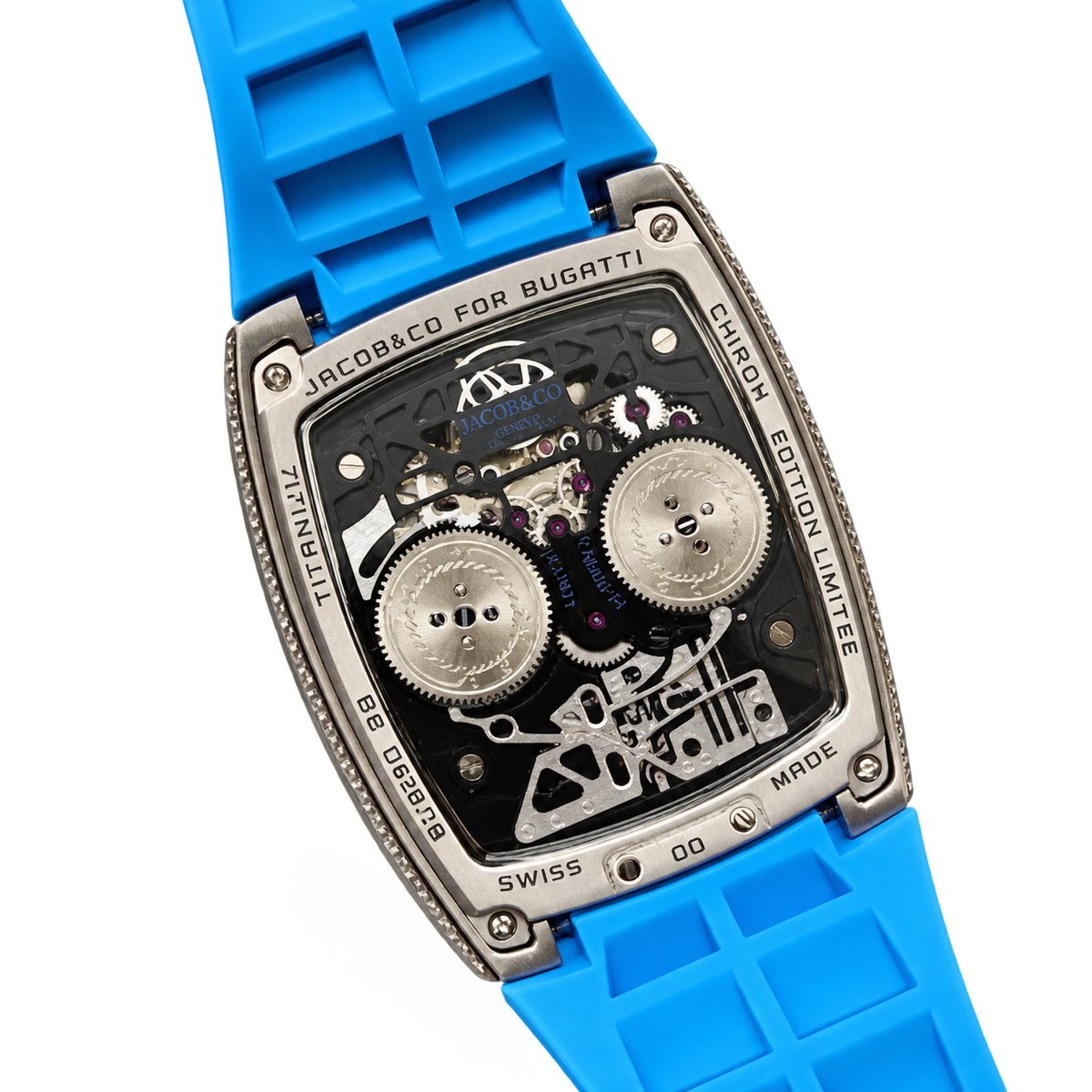 Jacob & Co. x Bugatti Twin Turbo Furious White Gold Diamond Tourbillon Blue Rubber Watch