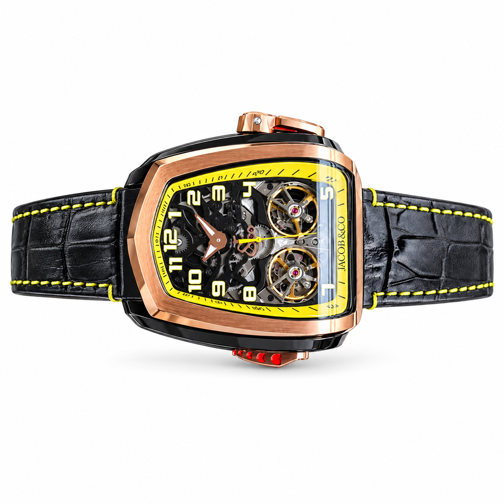 Jacob & Co. Palatial Flying Tourbillon Rose Gold Double Skeleton Yellow Black Leather Watch