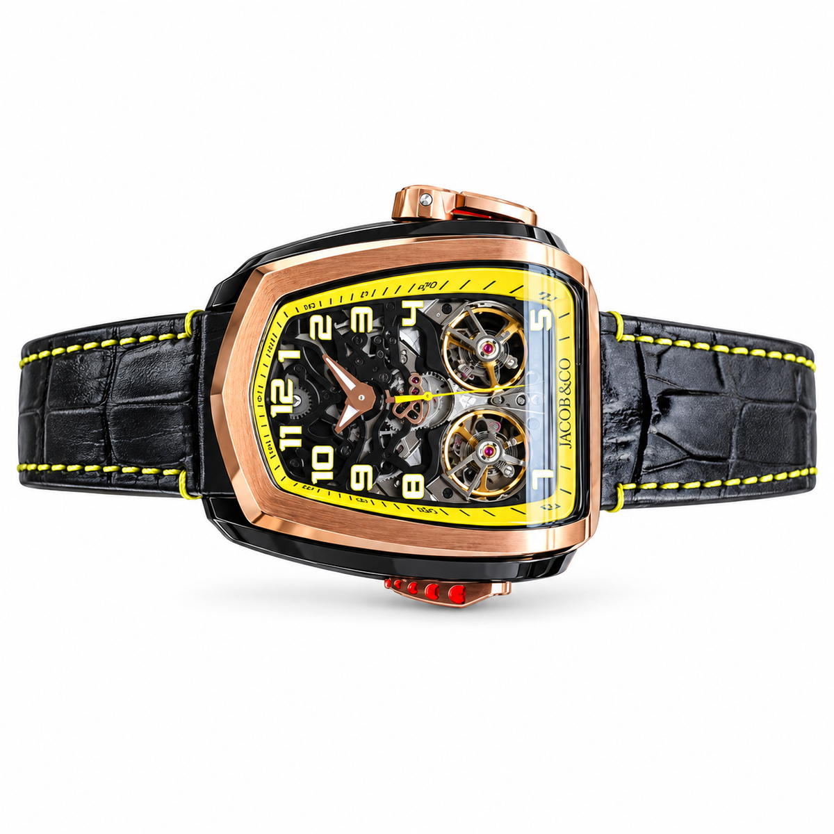 Jacob & Co. Palatial Flying Tourbillon Rose Gold Double Skeleton Yellow Black Leather Watch