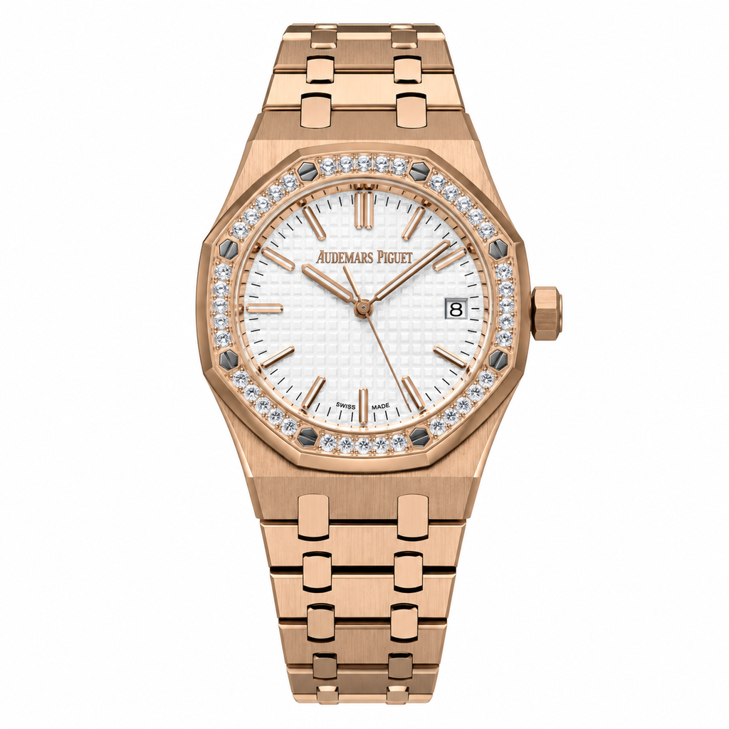 Audemars Piguet Royal Oak Rose Gold Diamond Bezel White Tapisserie Date Watch