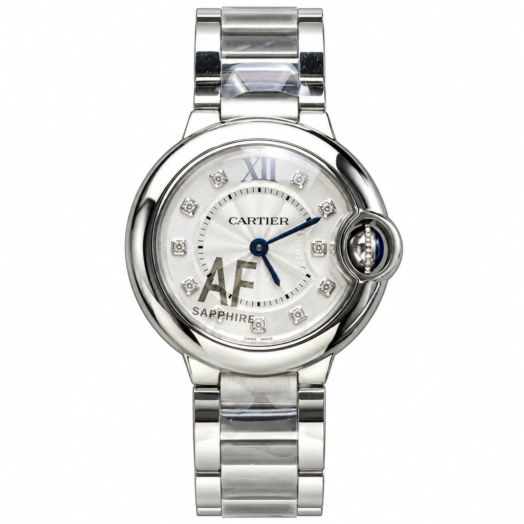 Cartier Ballon Bleu 33mm — Stainless Steel, Diamond Hour Markers & Steel Bracelet