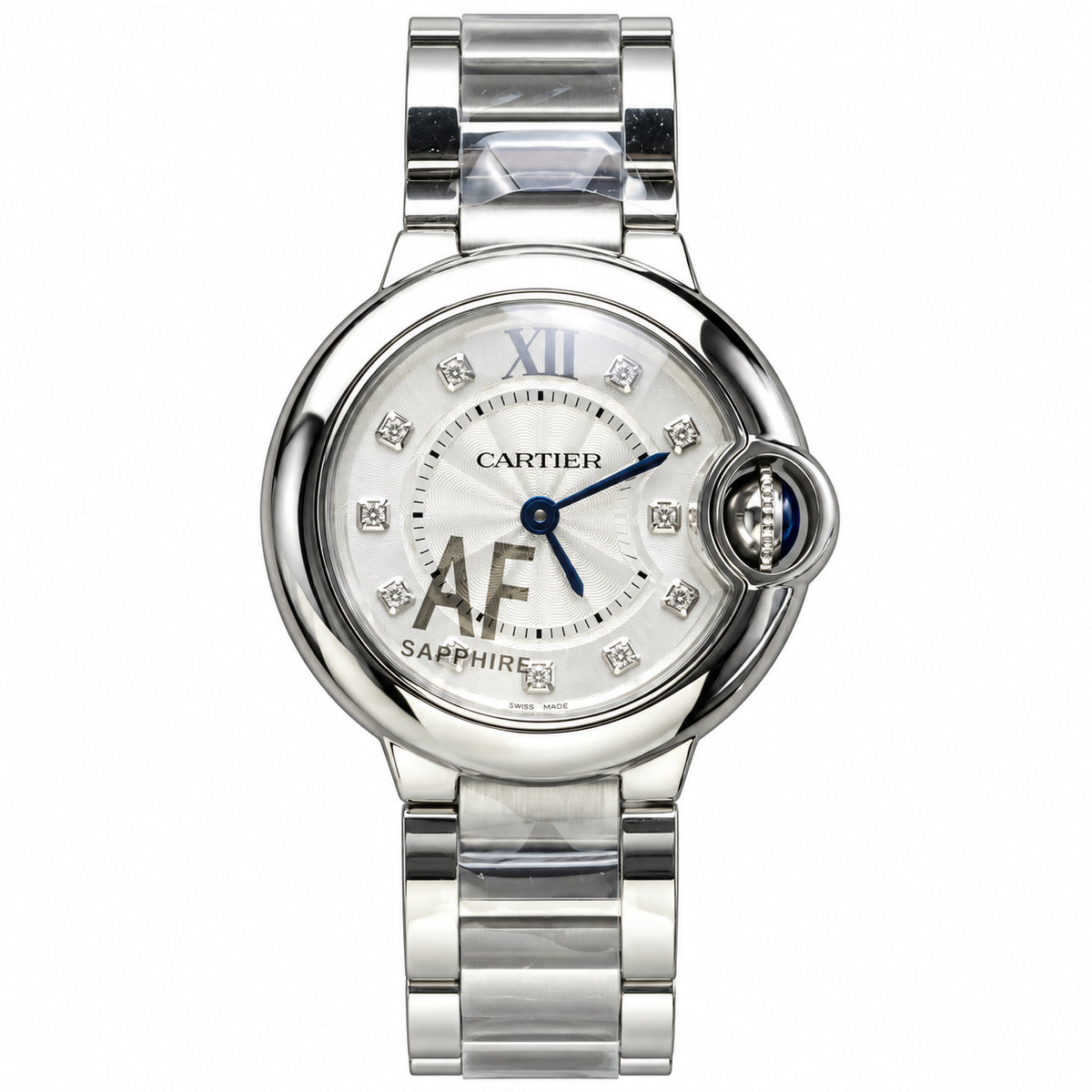 Cartier Ballon Bleu 33mm — Stainless Steel, Diamond Hour Markers & Steel Bracelet