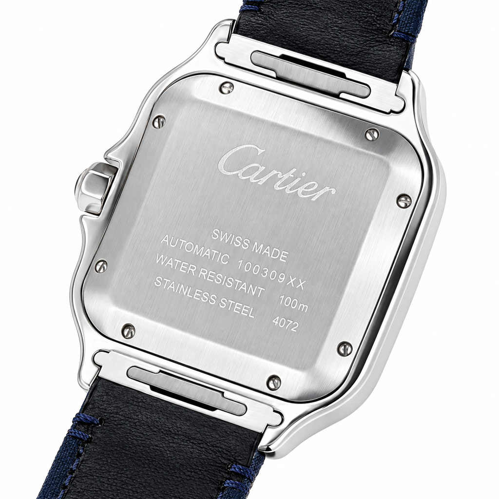 Cartier Santos de Cartier Automatic — Blue ADLC Bezel, Silver Dial & Blue Leather Strap