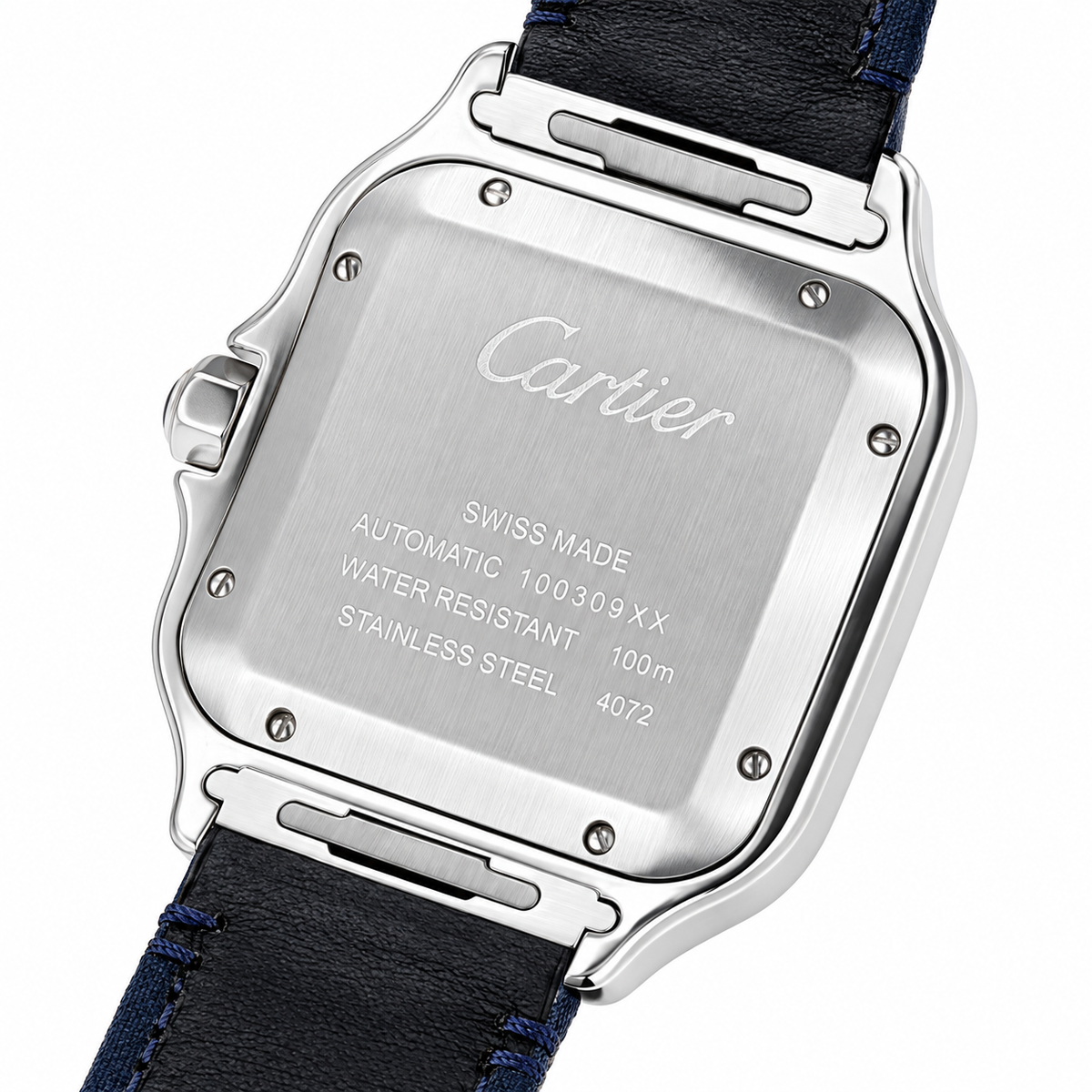 Cartier Santos de Cartier Automatic — Blue ADLC Bezel, Silver Dial & Blue Leather Strap