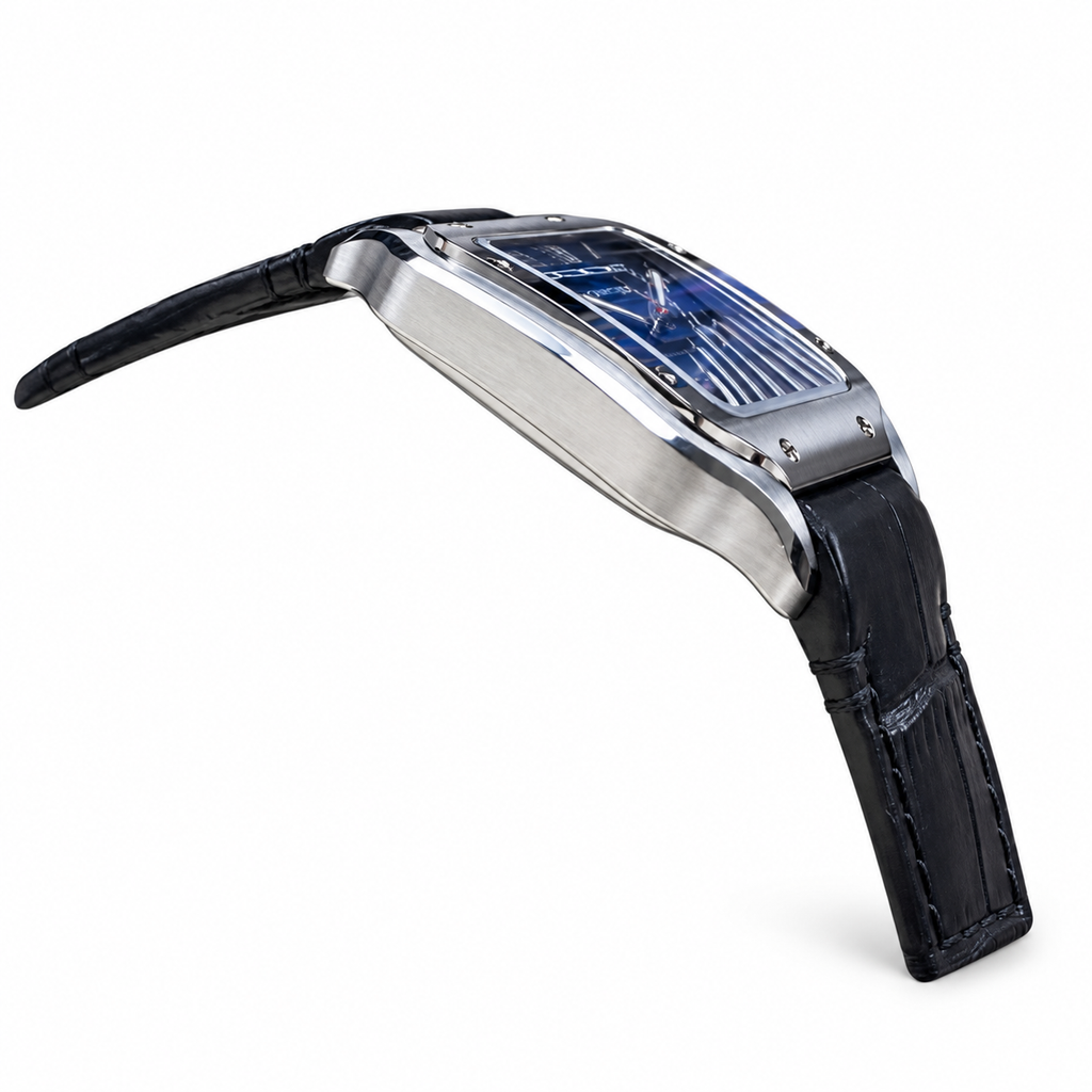 Cartier Santos Large — Steel, Blue Dial, Roman Numerals & Black Alligator Strap, Automatic