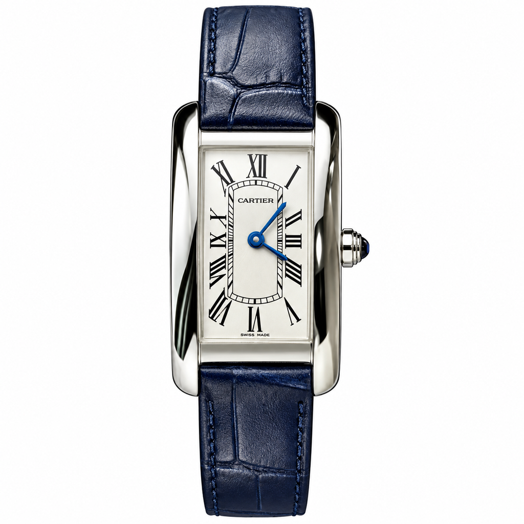 Cartier Tank Américaine Large — 18K White Gold, Silver Dial, Roman Numerals & Navy Alligator Strap, Automatic
