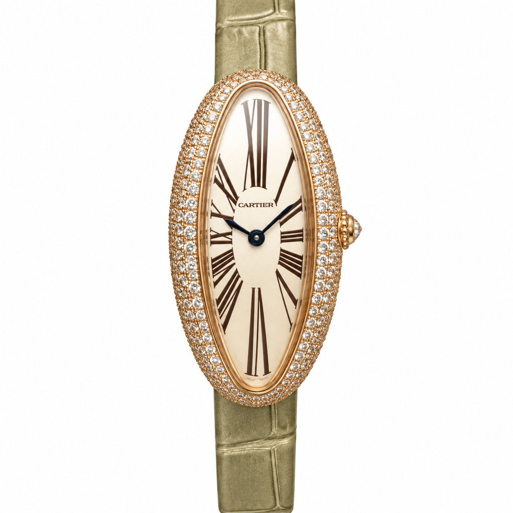 Cartier Baignoire Allongée — 18K Rose Gold, Double Diamond Bezel & Khaki Alligator Strap