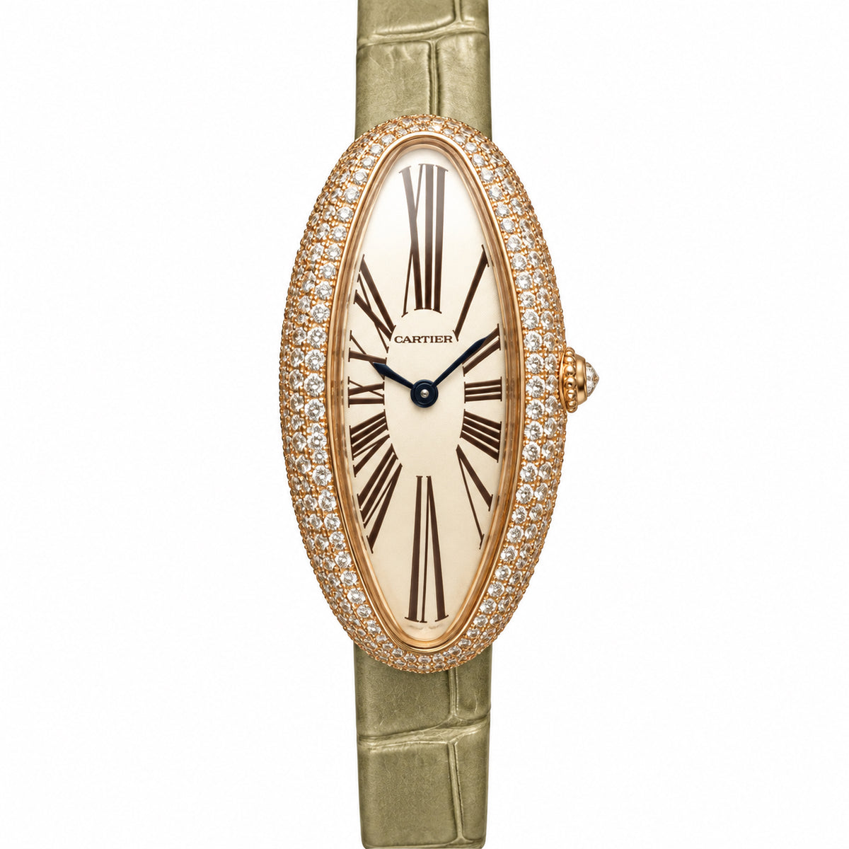 Cartier Baignoire Allongée — 18K Rose Gold, Double Diamond Bezel & Khaki Alligator Strap