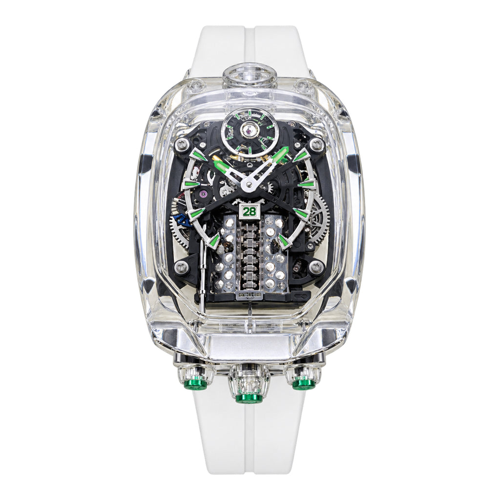 Jacob & Co. x Bugatti Chiron Clear Sapphire Tourbillon Green Accents White Rubber Watch