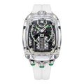 Jacob & Co. x Bugatti Chiron Clear Sapphire Tourbillon Green Accents White Rubber Watch
