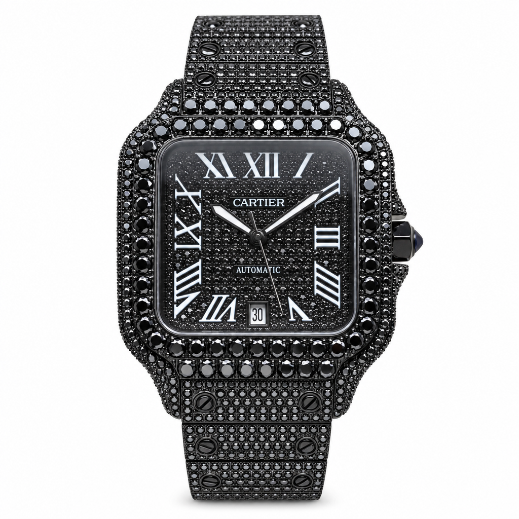 Cartier Santos de Cartier — Full Black DLC, Black Diamond Pavé & Black Steel Bracelet