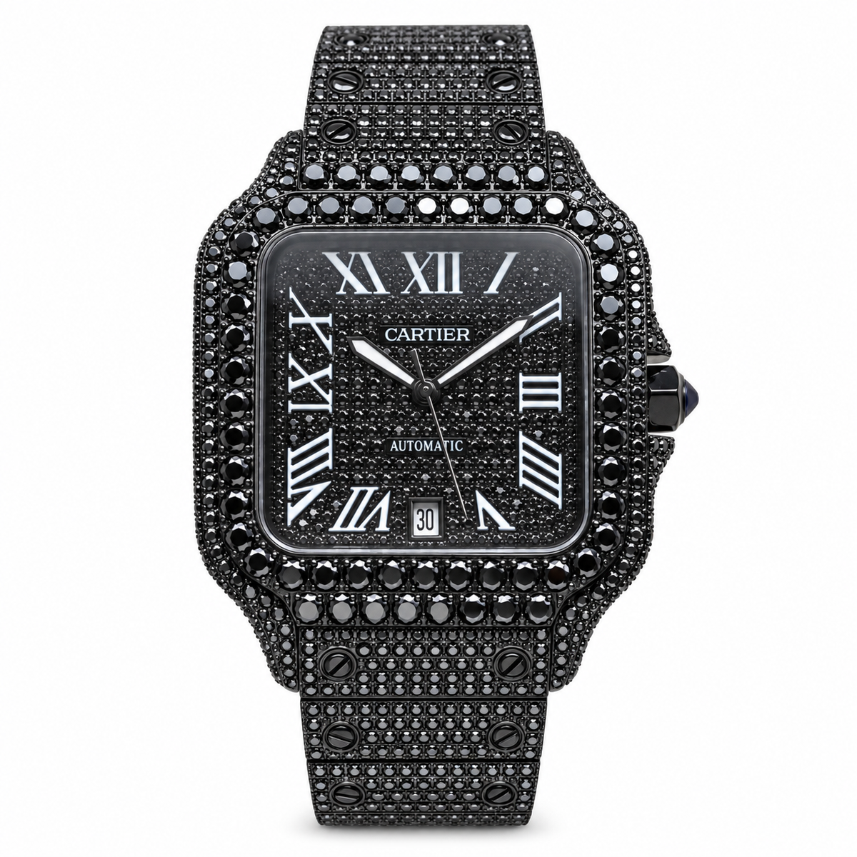 Cartier Santos de Cartier — Full Black DLC, Black Diamond Pavé & Black Steel Bracelet