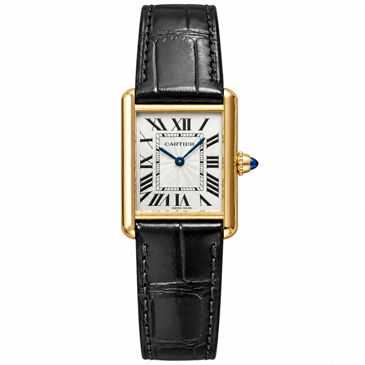 Cartier Tank Must — 18K Yellow Gold, Silver Dial, Roman Numerals & Black Alligator Strap, Women