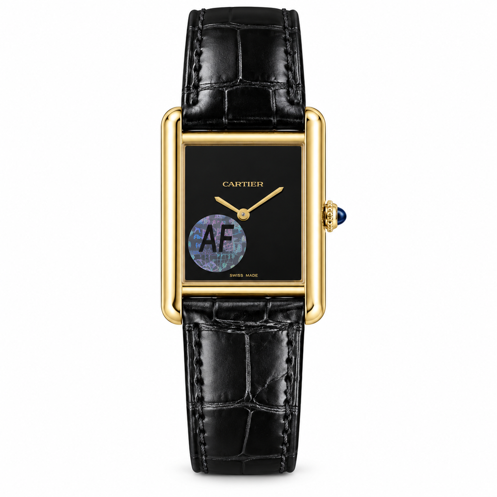 Cartier Tank Must × Alec Monopoly — Yellow Gold, Black Onyx Dial & Black Strap