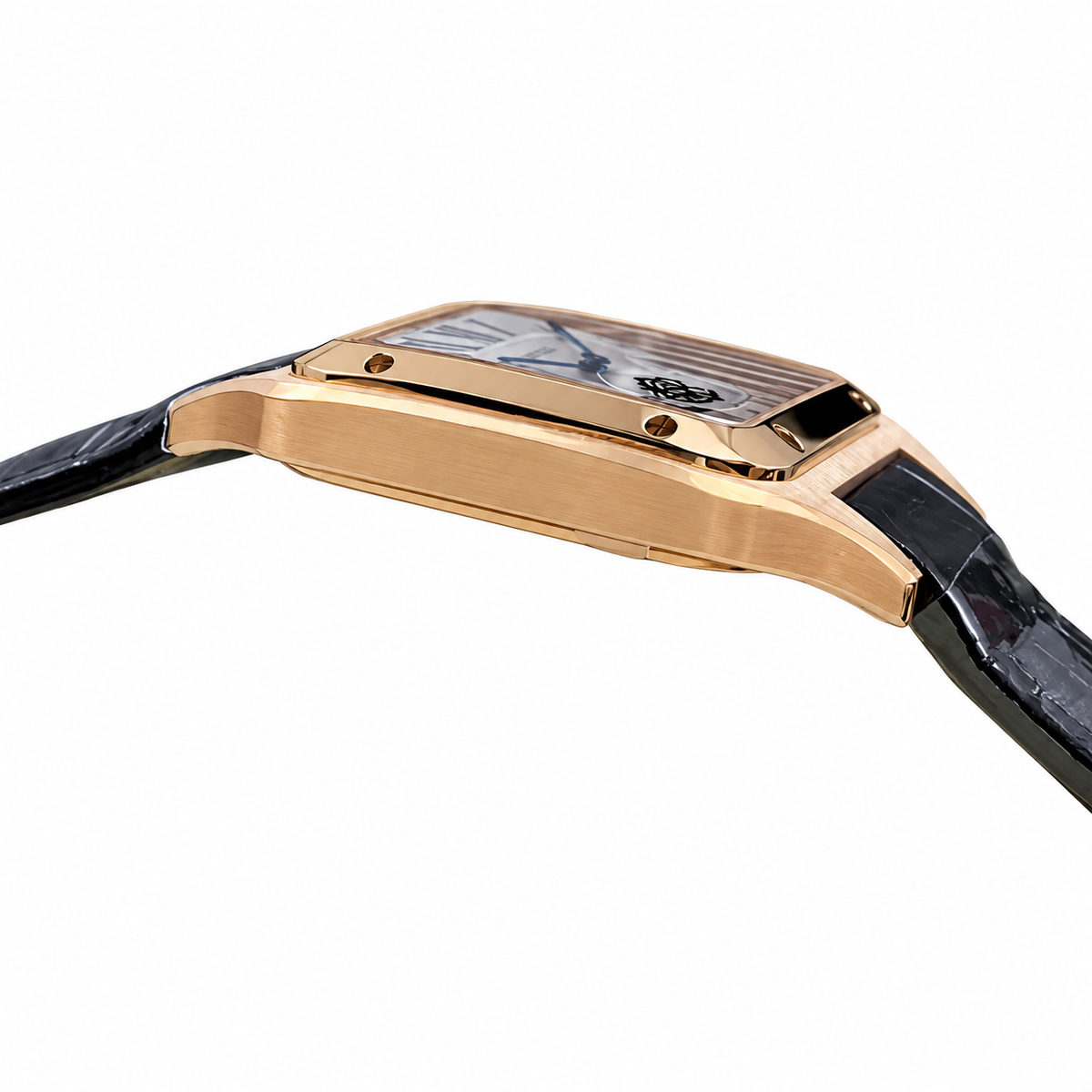 Cartier Santos-Dumont Large Rose Gold Silver Dial Manual Black Strap Watch – KDY