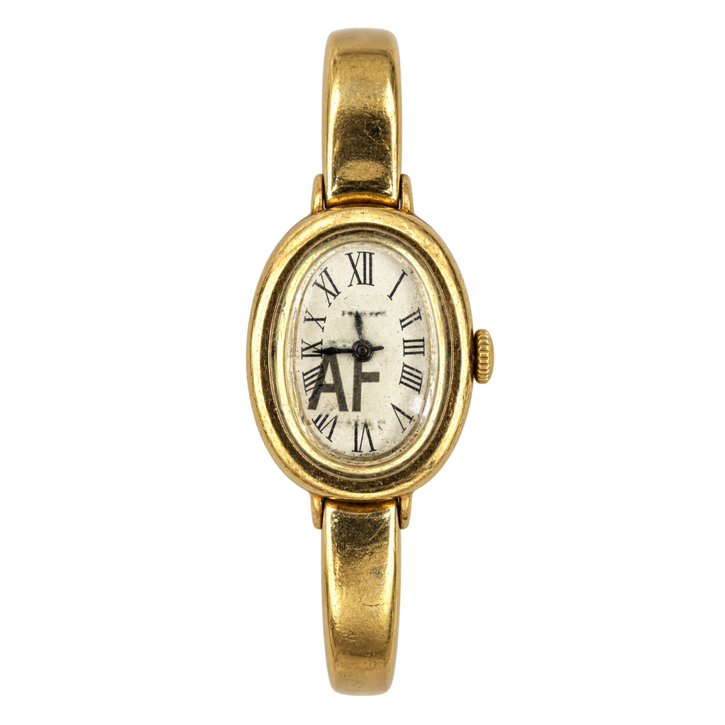 Cartier Baignoire — 18K Yellow Gold, White Oval Dial, Roman Numerals & Yellow Gold Bangle, Women