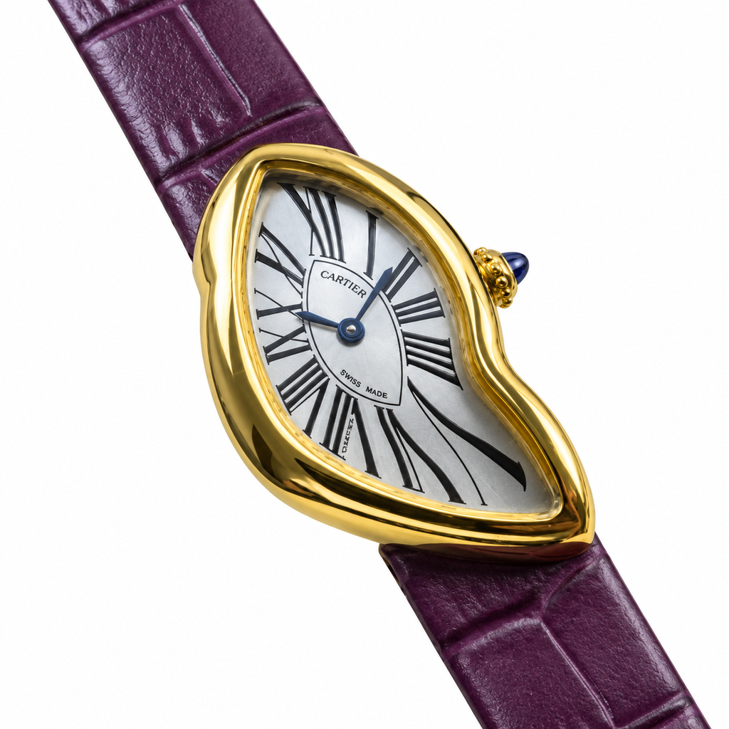 Cartier Crash — 18K Yellow Gold, Silver Dial, Roman Numerals & Purple Alligator Strap, Women