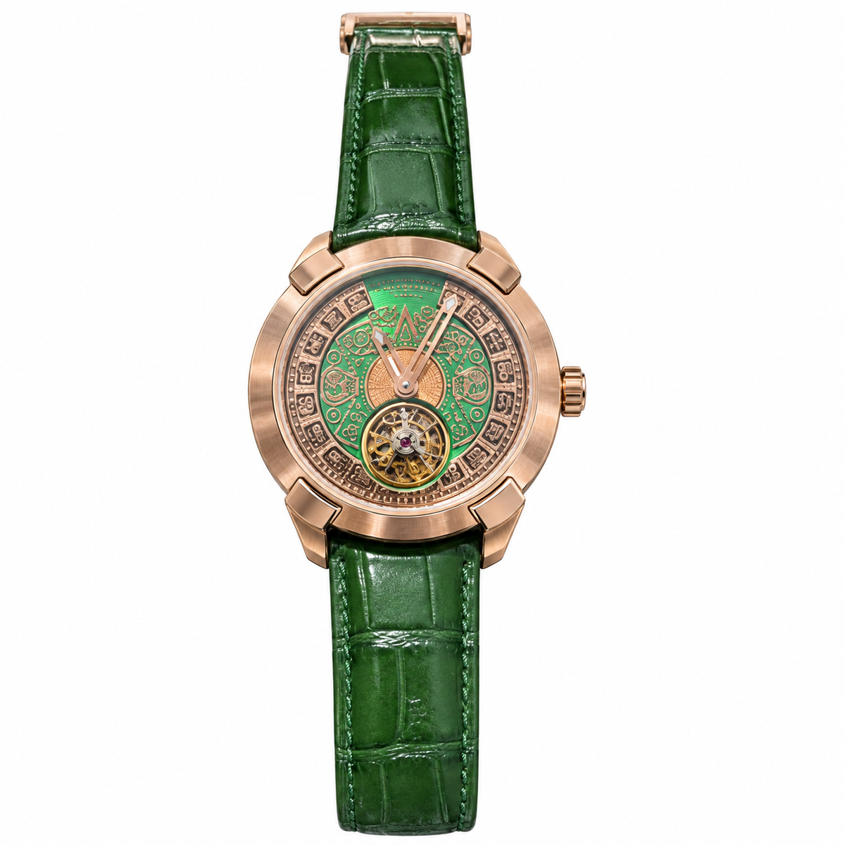 Louis Moinet Mecanograph Mayan Rose Gold Green Enamel Tourbillon Green Leather Watch