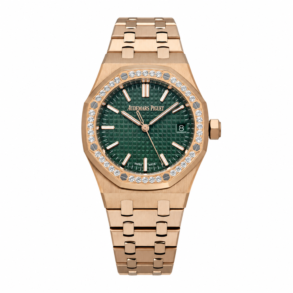 Audemars Piguet Royal Oak 18K Rose Gold Diamond Bezel Deep Green Tapisserie Petit-Carreaux Dial Date Integrated Rose Gold Bracelet Ladies Watch