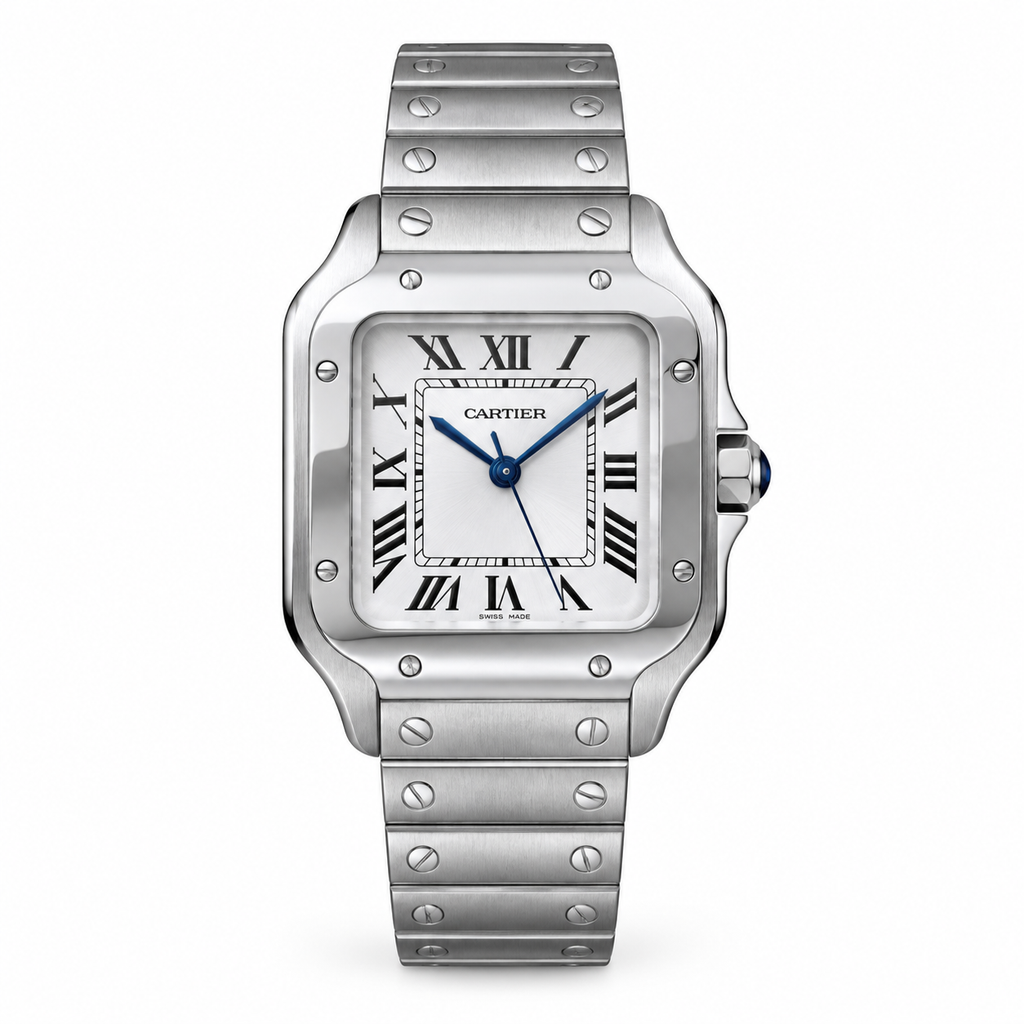 Cartier Santos Automatic White Dial Blue Hands Stainless Steel Bracelet Luxury Watch Swiss Made
