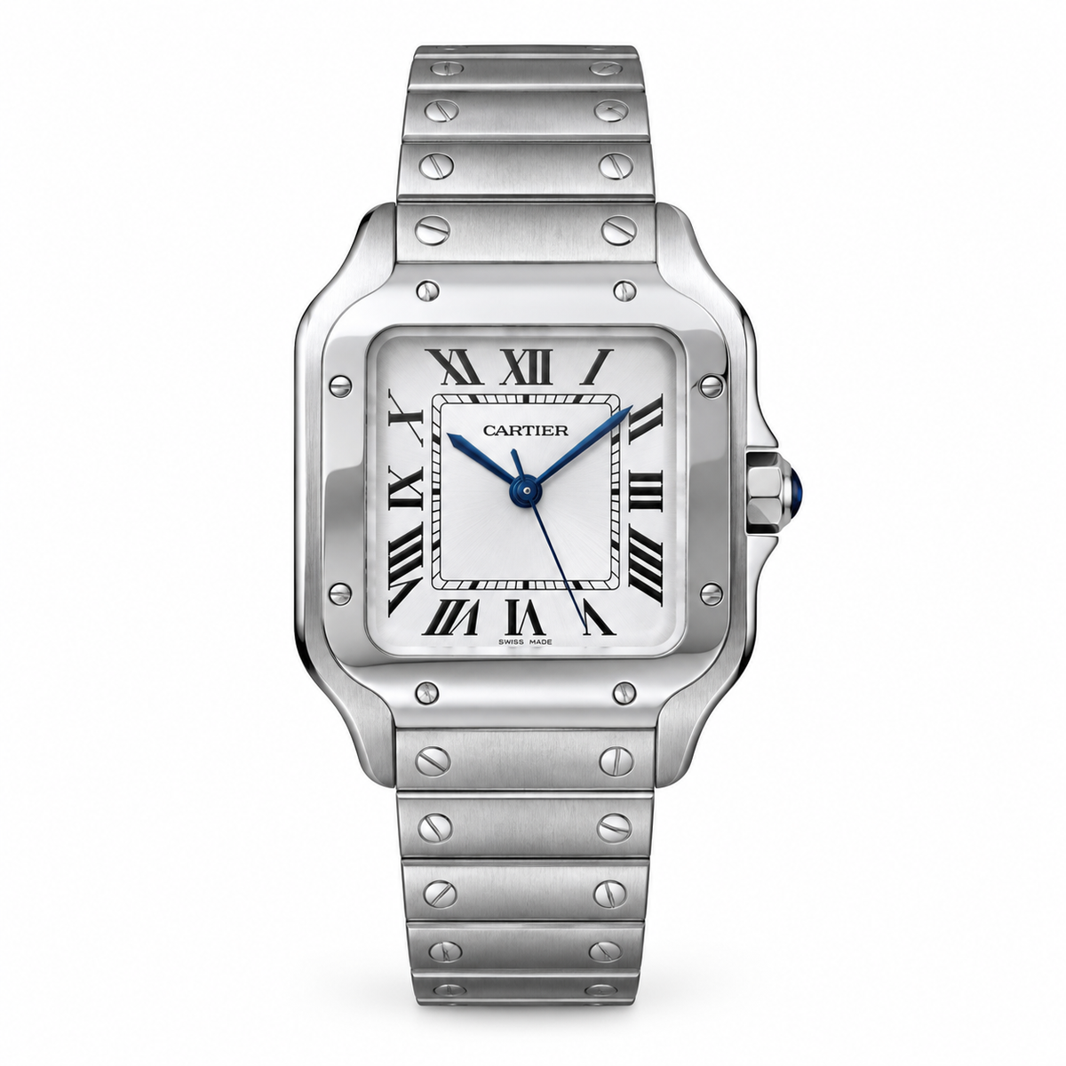 Cartier Santos Automatic White Dial Blue Hands Stainless Steel Bracelet Luxury Watch Swiss Made