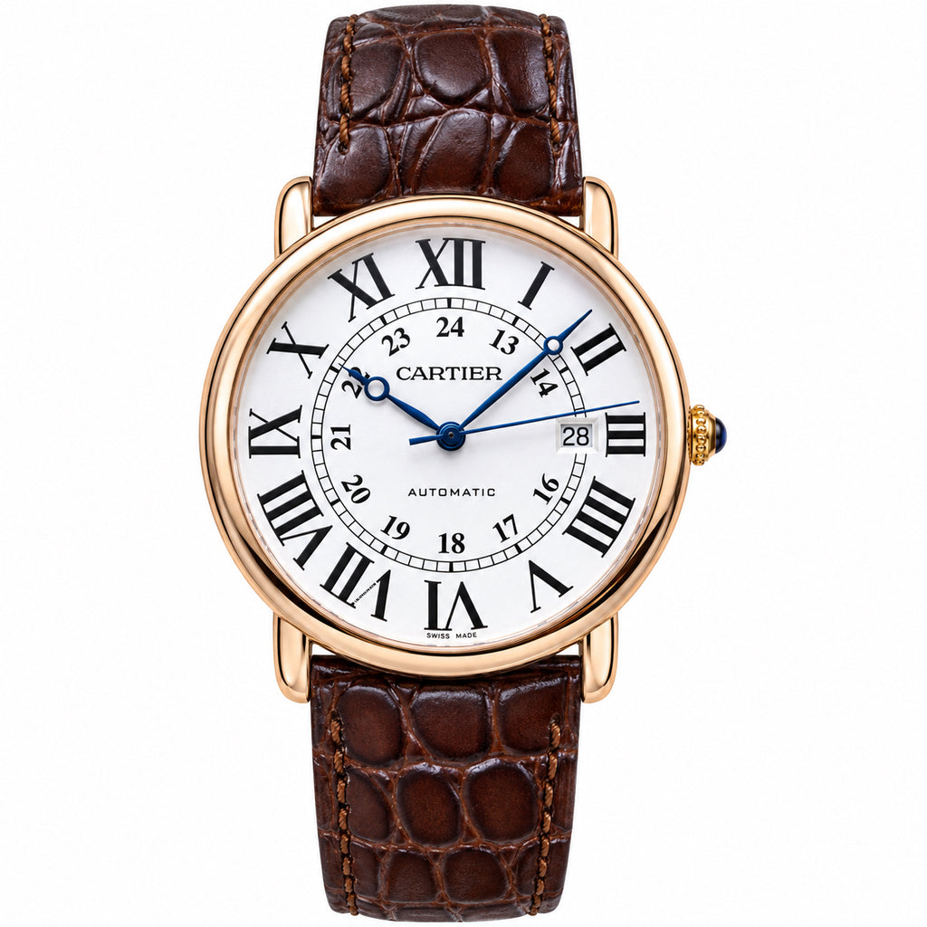 Cartier Ronde Louis Cartier Automatic — 18K Rose Gold, 24H Dial, Date & Brown Alligator Strap